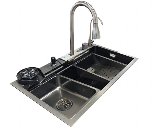 Мойка нерж врезная 750х450х220 т 3,0 ЧЕРНАЯ HB7545FB-W2+6 (+ сифон) SANTREK AQUA + Подарок (2 клав, колл-р, фруктов, доска, 2 смес, ополаск., дозатор)